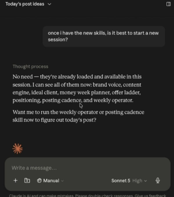 After installing the pack she asks whether she needs to start a new session. Claude replies that there is no need, they are already loaded, and lists all eight: brand voice, content engine, ideal client, money week planner, offer ladder, positioning, posting cadence, weekly operator.